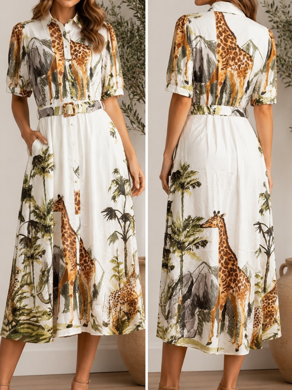 Fashion Space Safari Giraffe Print Belted Maxi Shirt Dress NWT Size L